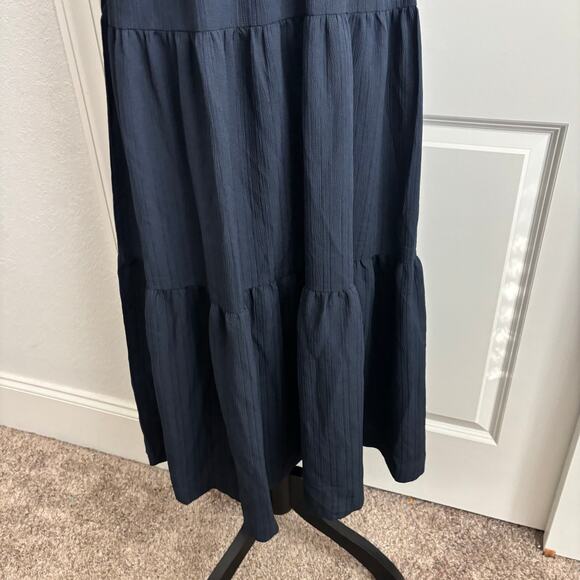 En Saison Milkmaid Smocked Midi Sundress Dress Babydoll Navy Blue Tiered Gauze L - Picture 13 of 13